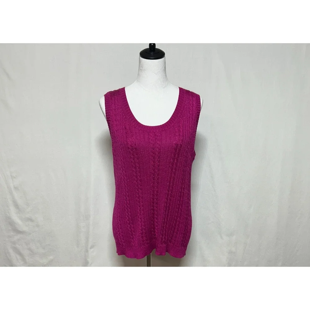 Chicos Sweater Vest Womens XL 3 Fuchsia Pink Cable Knit‎ Scoop Neck Office